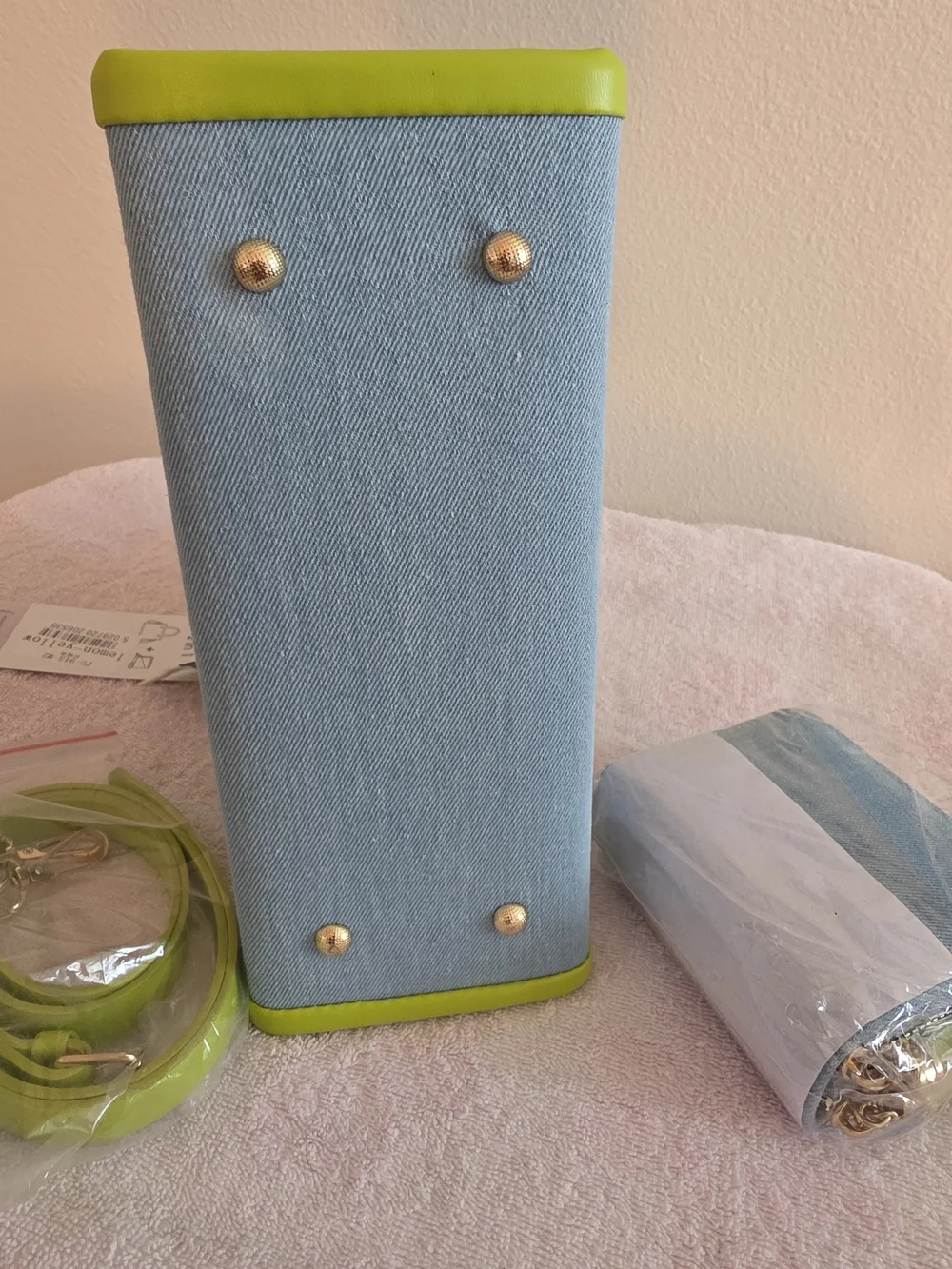 Denim and Lime Green Top-Handle Satchel